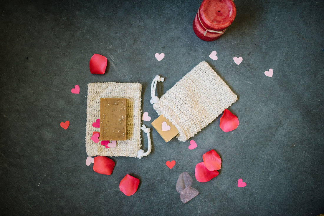 rose pedals and goat milk soap with loofahs