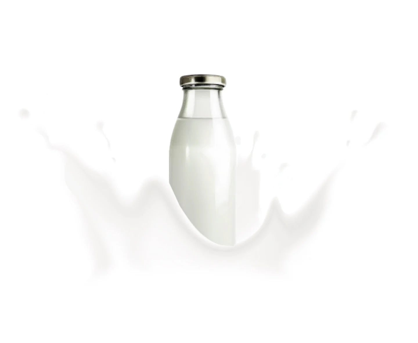 A glass bottle filled with milk, splashing amidst a white liquid background, with droplets frozen in mid-air.