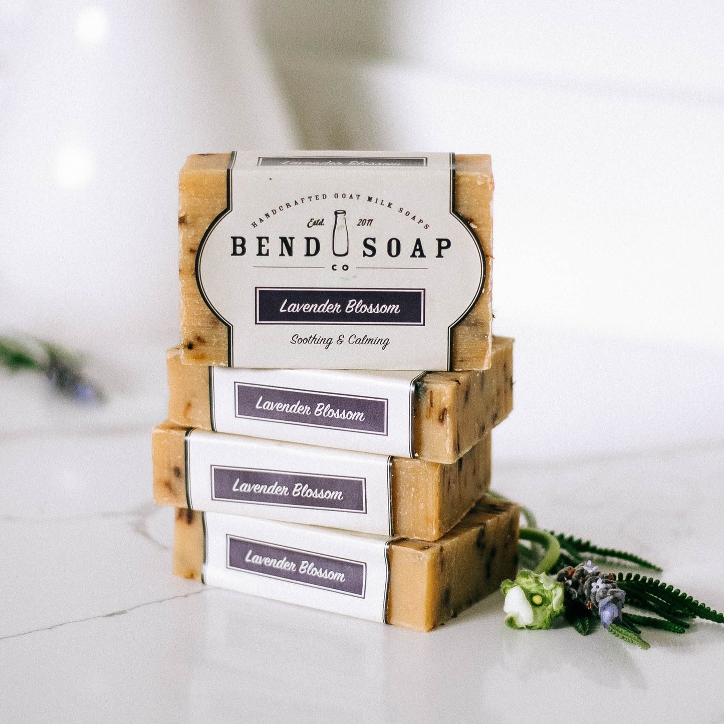 stack of lavender blossom goat milk bar soaps