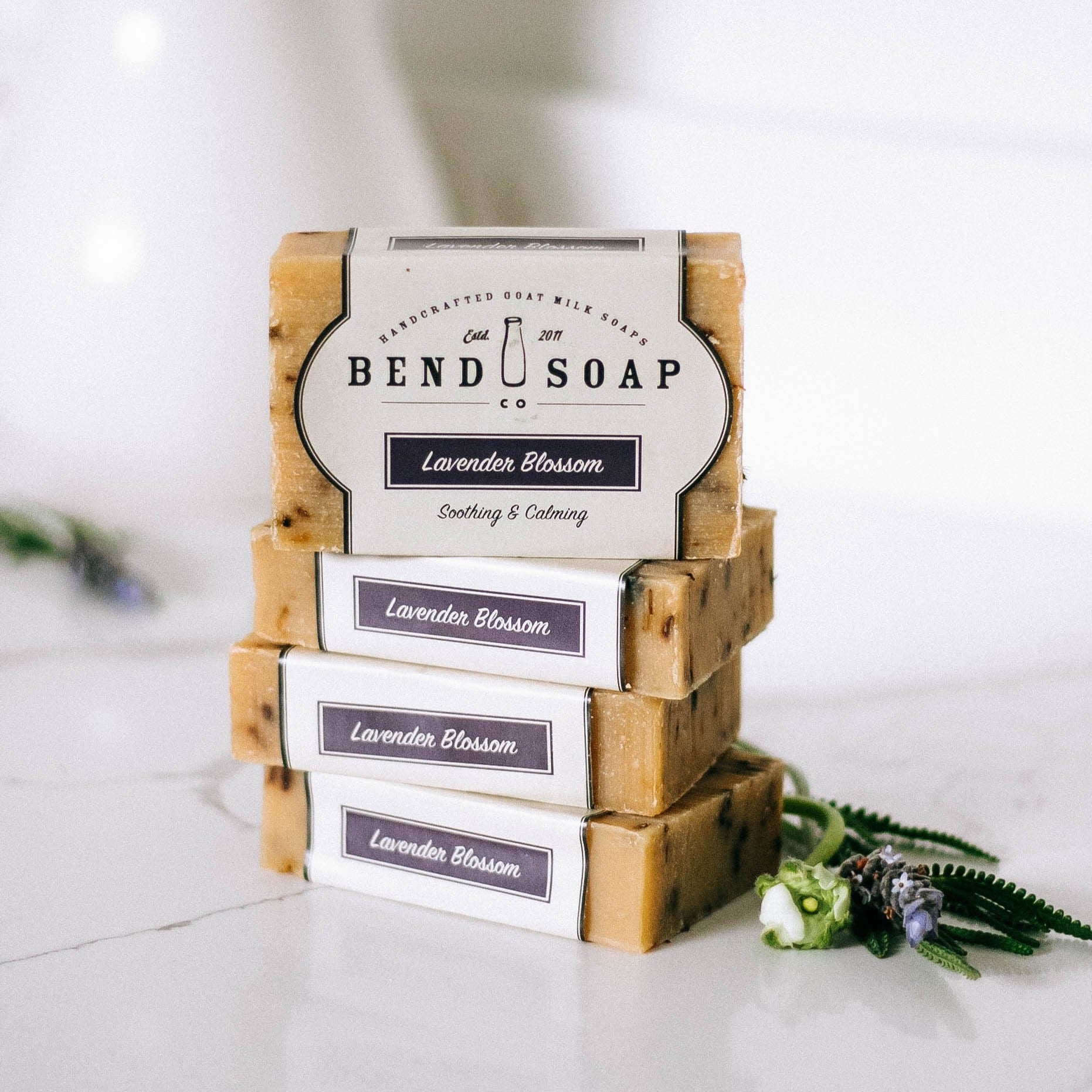 stack of lavender blossom goat milk bar soaps