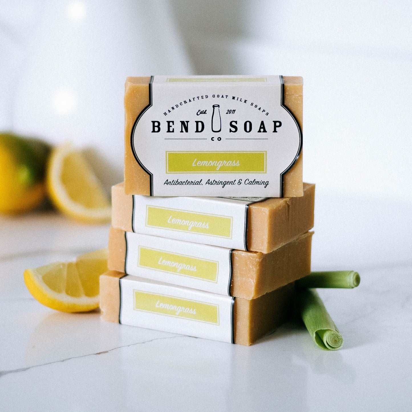stack of lemongrass goat milk soap bars