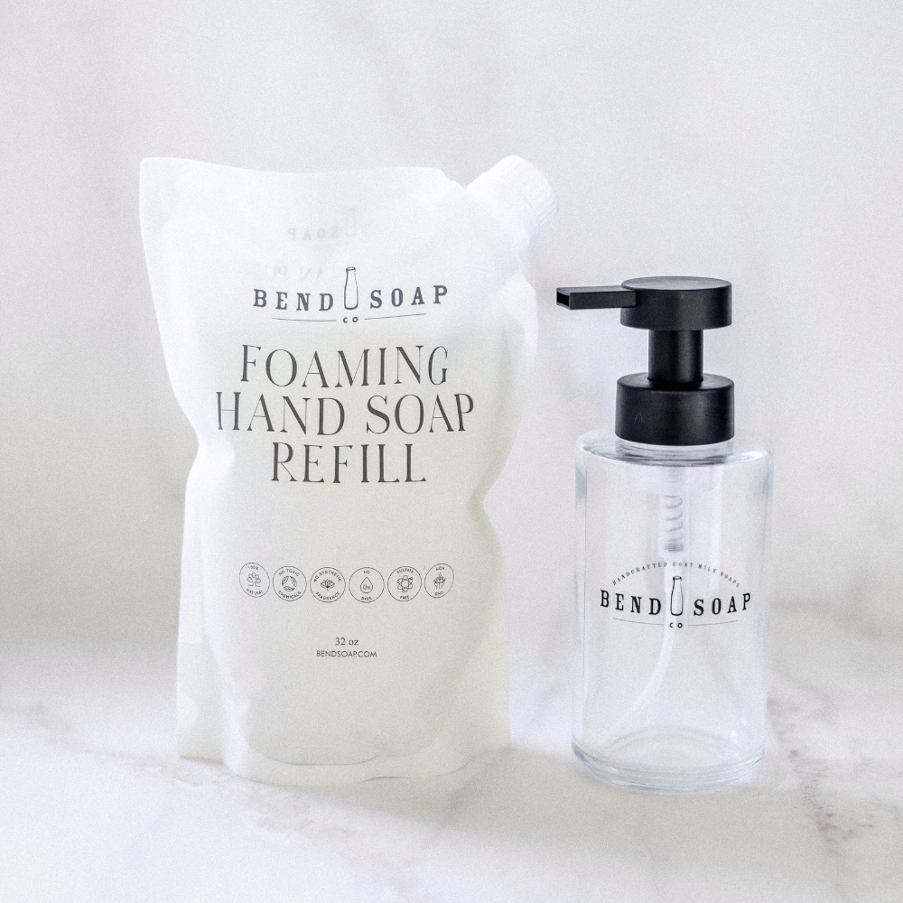 bundle of goat milk foaming hand soap and glass dispenser