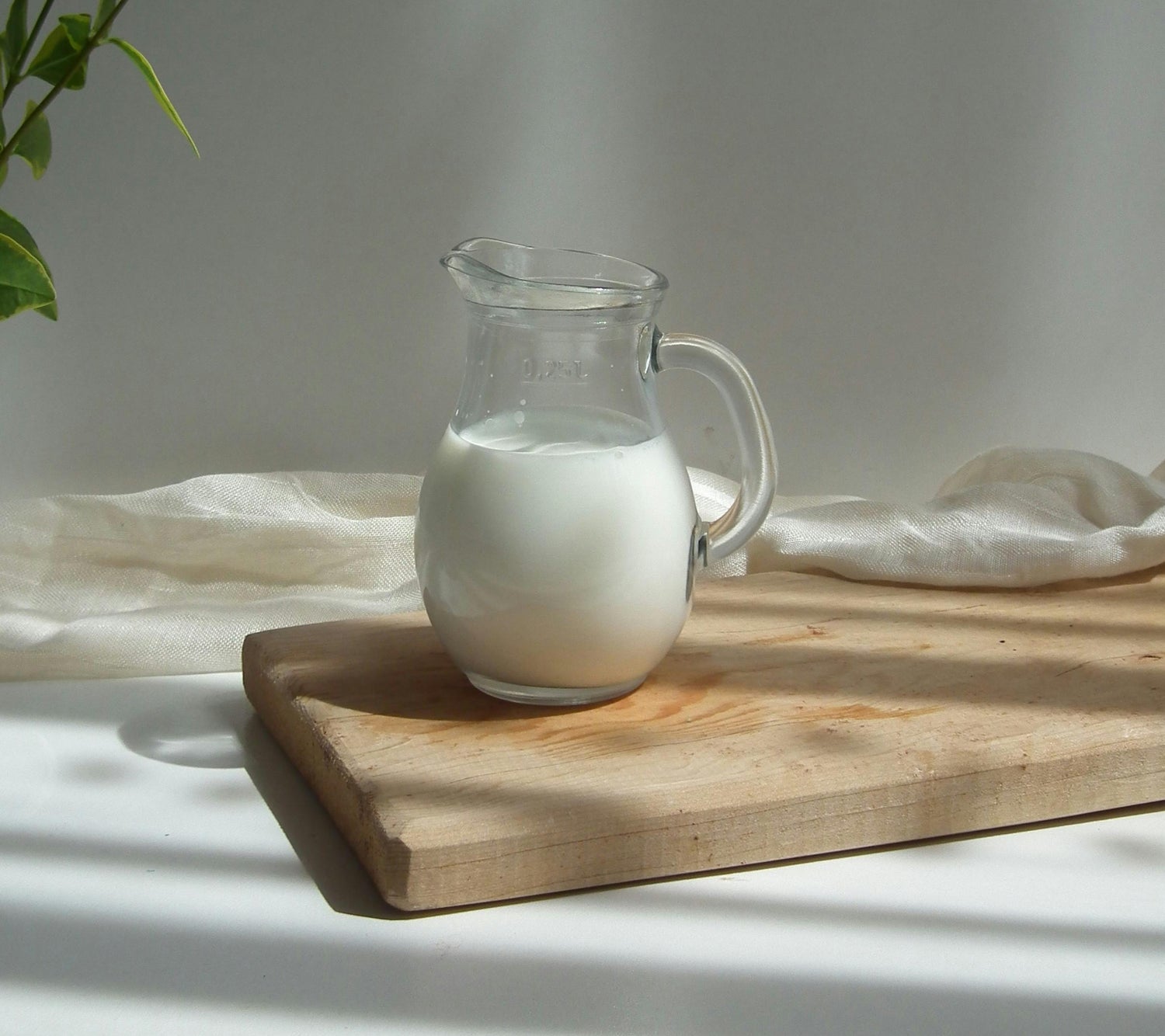 A clear glass pitcher filled with milk sits on a wooden cutting board. Soft natural light casts gentle shadows, and there is a sheer white fabric and a green plant in the background.
