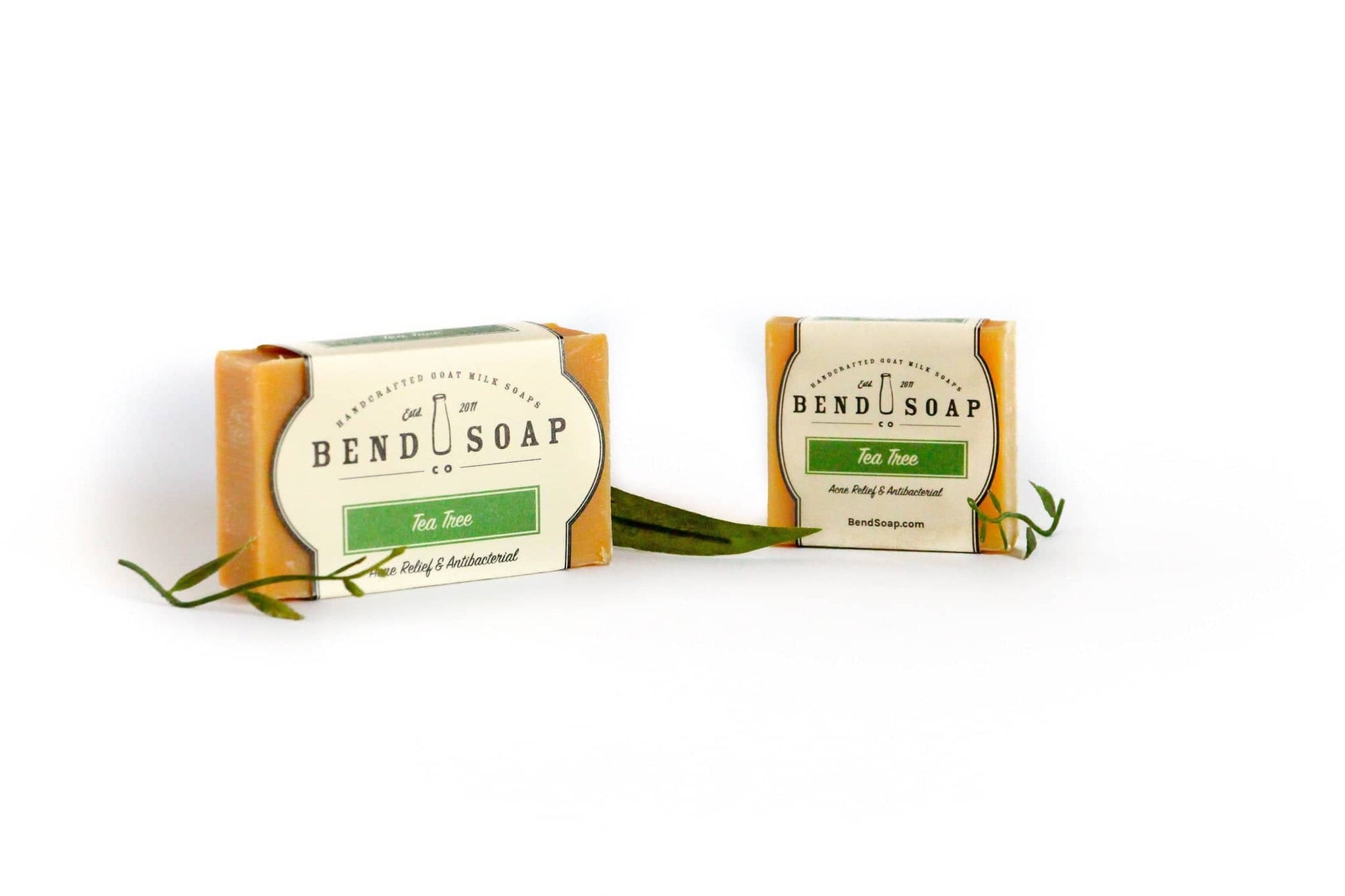 Full Size Tea Tree bar of soap and Travel Size bar of soap wrapped in Tea Tree label 
