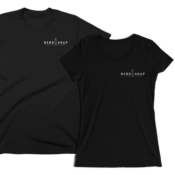 Front view of the Black Male (left) and Female (right) Bend Soap Tee-shirts