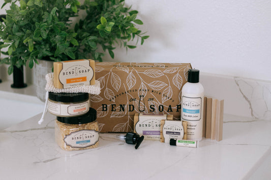 Bend Soap's array of natural skincare products photographed together to show the full product offering