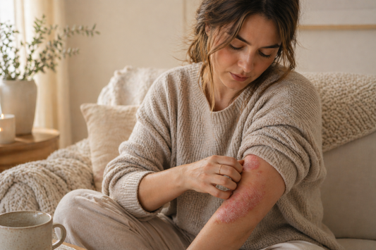 Woman treating psoriasis flare-up on arm with gentle skincare