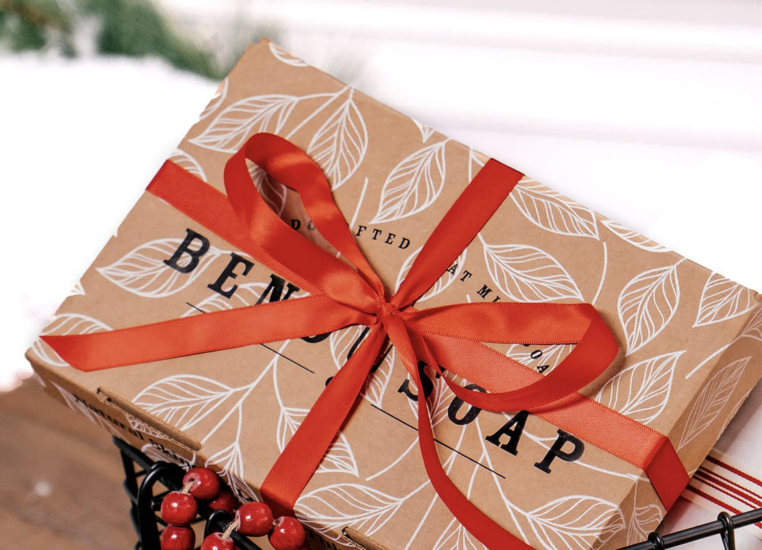 Bend Soap Co. Branding Box with a Red Ribbon Tied Around It