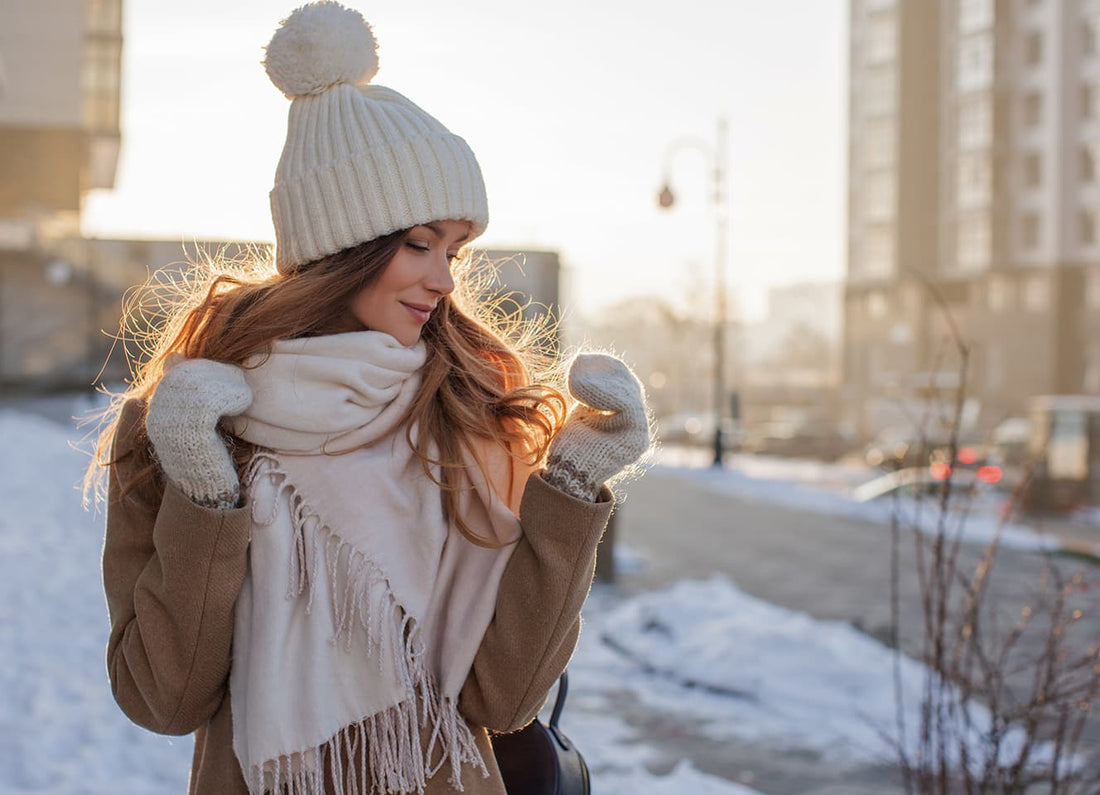 Young Woman Dressed in Winter Clothing Outside in the Snow