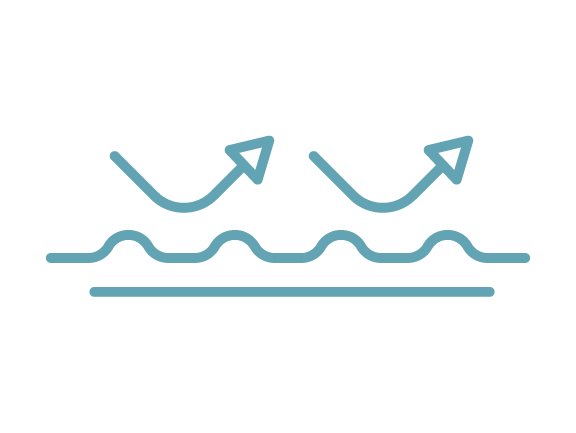 A blue line with waves and two arrows pointing upward, representing reflection or a barrier effect, on a white background.