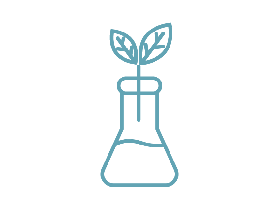 A simple blue line drawing of a laboratory flask with a plant sprout, featuring two leaves, growing out of the top, symbolizing science and nature or biotechnology.