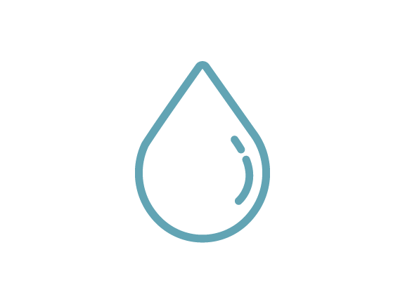 A simple blue outline of a water droplet with a small curved line inside, representing a reflection, on a white background.
