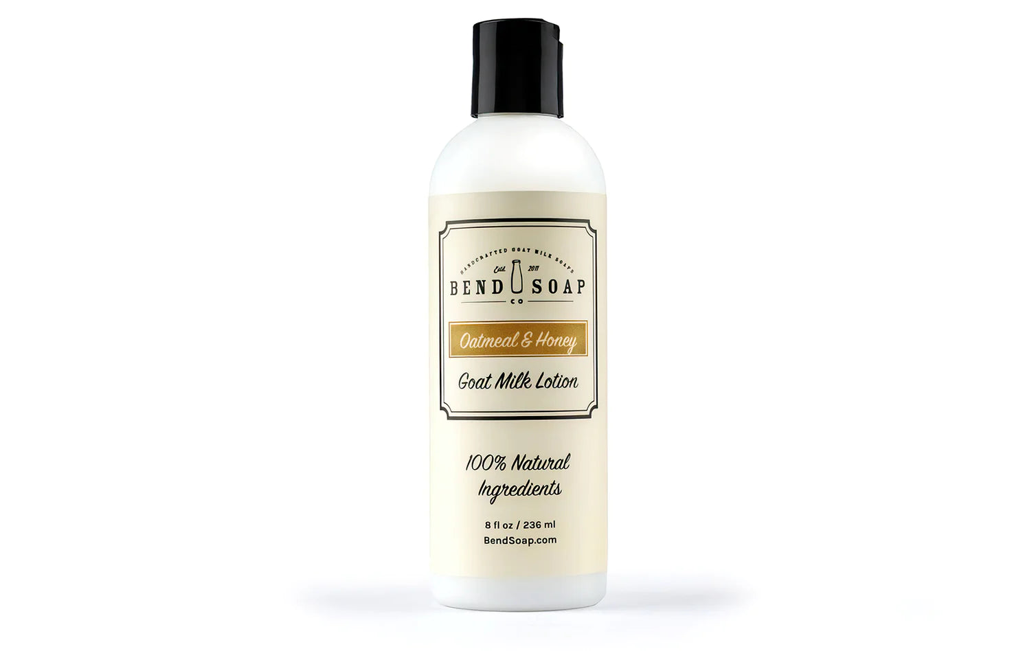 The Sweeter than Honey Gift Set features a white bottle of Bend Soap Co. Goat Milk Lotion in Oatmeal & Honey, with a black flip-top cap and cream label—perfectly paired with their nourishing Goat Milk Soap for natural skincare.