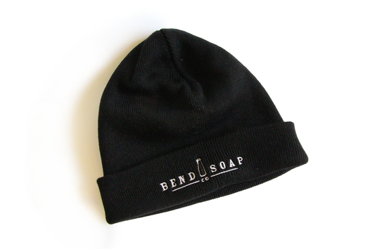 Adult Black Beanie with Bend Soap company logo, blank background