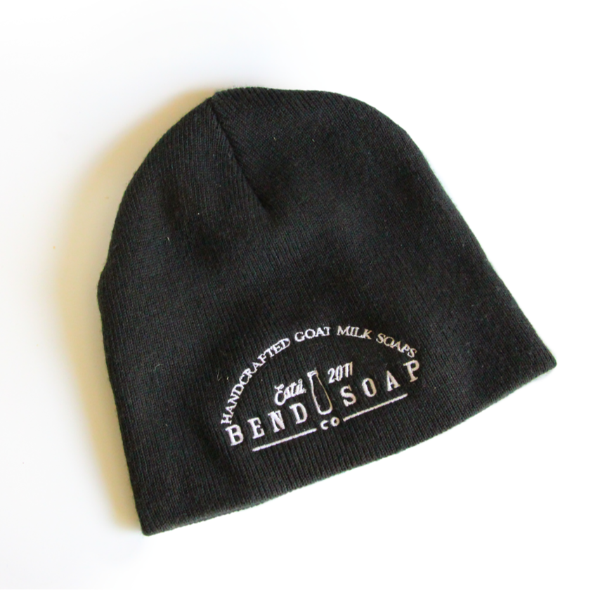 Kid Black Beanie with Bend Soap company logo, blank background