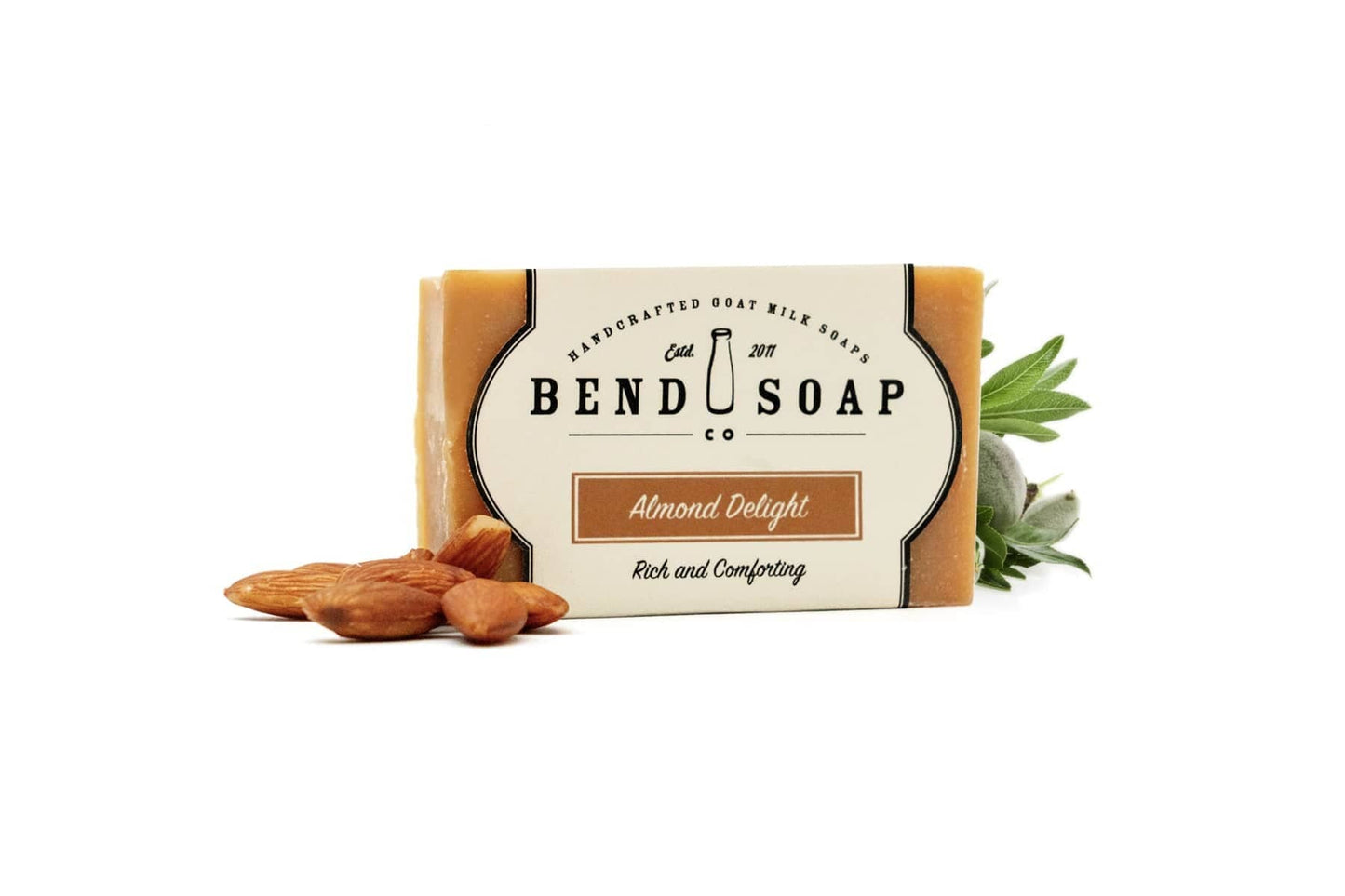 Almond Delight Goat Milk Soap on White Background With Roasted and Fresh Almonds