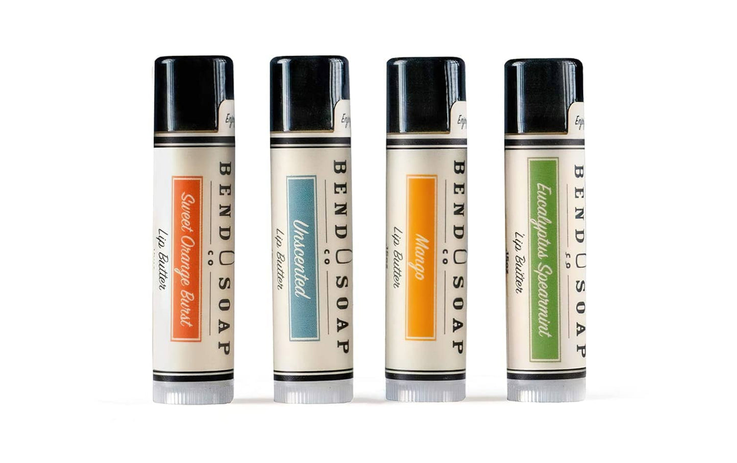 All-Natural Lip Butter Variety Pack With Tubes of Sweet Orange Burst, Unscented, Mango and Eucalyptus Spearmint
